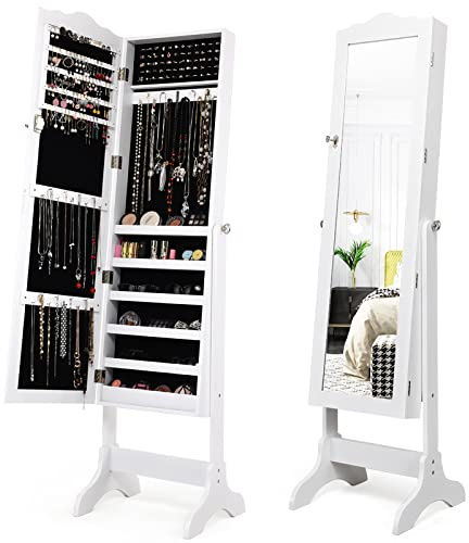 COSTWAY Schmuckschrank, Schmuckregal abschließbar, Schmuck Spiegelschrank mit Ganzkörperspiegel für Make-up, neigungsverstellbar (Weiß)
