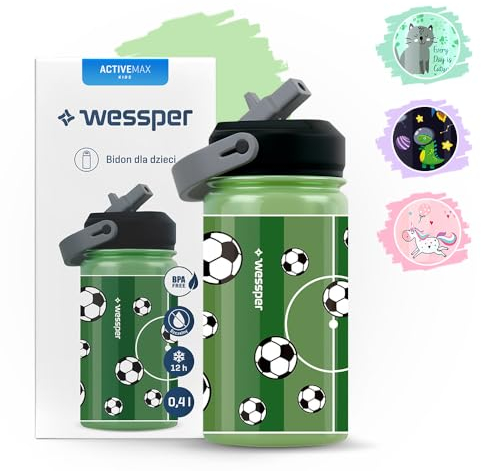Wessper Trinkflasche Kinder mit Trinkhalm 410 ml Edelstahl, Auslaufsicher, Federleicht | 1-Klick Verschluss, BPA-Frei, für Kindergarten oder Schule, Sport - Grün mit Fußballmotiv