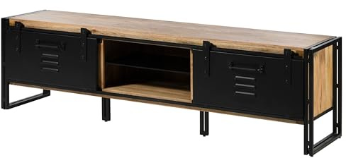 Massivmoebel24.de | Blackburn TV-Board aus Massivholz u. Eisen #101 | aus Mangoholz - Natur, lackiert |200x55x55 | 2 Schiebtüren, 4 Fächer, 1 Schublade und Kabelführung | Industrial-Style