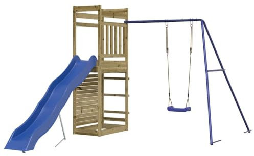 vidaXL Wooden Outdoor Playset - Pine Wood Construction, A-Shaped Swing Set, Wave Slide, Rockwall & Sandpit - For Children Aged 3-8 Years