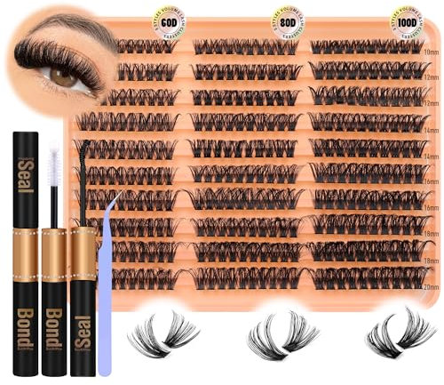 JIMIRE 300Pcs Eyelash Extension Kit Fluffy 60D+80D+100D Cluster Lashes Kit with Bond and Seal Lash Glue Natural Individual Eyelashes 10-18MM Lashes Individual Cluster Kit