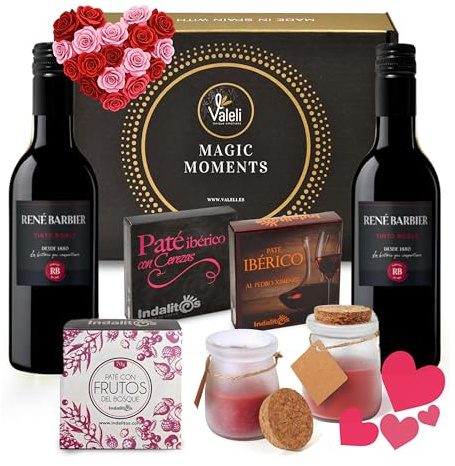 VALELI Cesta Gourmet para Regalar.Caja Delicatessen con Patés Ibéricos, 2 Botellas de Vino 25cl y 2 Velas Decorativas.Regalo Original para Mujer y Hombre, Cumpleaños, dia de la madre (Tinto Roble)