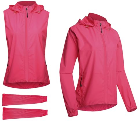 Veste de cyclisme pour hommes/femmes imperméable et respirante maillot de course léger 2 en 1 gilet sans manches détachable Softshell protection UV hauts de vélo hauts pluie réfléchissants,Pink-M