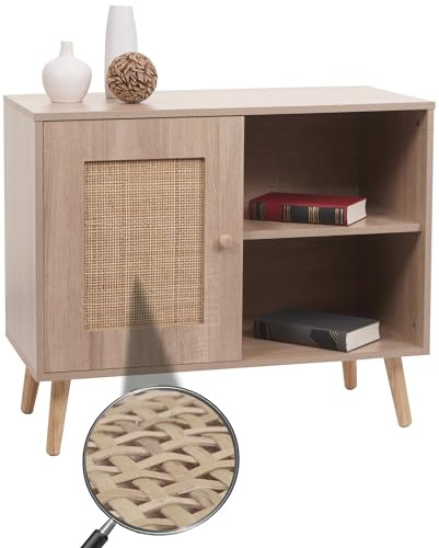 Mendler Kommode HWC-M39, Schrank Sideboard Highboard, Staufach, Kubu Rattan Holz Melamin, 67x80x38cm Eiche-Optik
