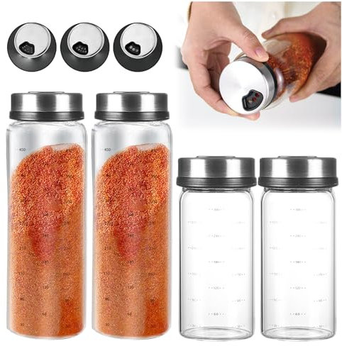 WIYETY 4 Stück Gewürzgläser Mit Drehdeckel, Gewürzdosen aus Borosilikatglas, Gewürzstreuer Glas mit 3 Arten von Gewürzlöchern, 2x300ml + 2x500ml, für Küche und Grillen im Freien