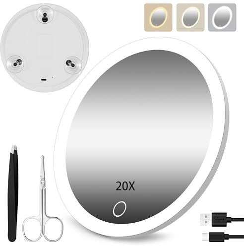 JJhxr 20X Vergrößerungsspiegel mit Lichtern, Reise Make-up Spiegel mit 3 Farben einstellbare Helligkeit Licht, 15.24 cm Make-up Vergrößerungsspiegel mit Licht mit Saugnäpfen