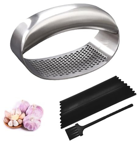 EUZUXU Knoblauchpresse Edelstahl, Ringförmiger Knoblauchwolf aus Edelstahl, Robuster Knoblauchzerkleinerer, Knoblauchhacker mit Schäler und Reinigungsbürste zum Zerkleinern von Knoblauch