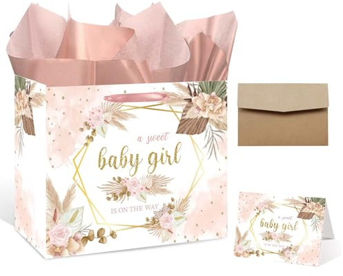 GOLDCROW Große Baby-Geschenktüte mit Seidenpapier und Karte - Ideal für Babypartys, Baby-Mädchen-Geschenke und Geburtstagsfeiern - Stabile rosa Geschenktüte mit Blumenmuster für Babygeschenke