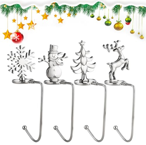 4 Stück Silber Weihnachtsstrumpf Halter, Eisen Weihnachtsstrumpf Halter Kamin, Weihnachtsstrümpfe Aufhänger mit 4 Muster, Halterung Weihnachtsstrumpf für Weihnachtsstrümpfe Kamin Strumpfhalter Deko