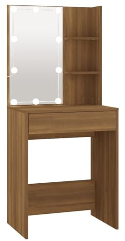 Toletta nera con luci a LED e superficie liscia in legno ingegnerizzato, ripiani portaoggetti e cassetto inclusi, design moderno asimmetrico, ideale per camere da letto (rovere marrone 60 x 40 x 140