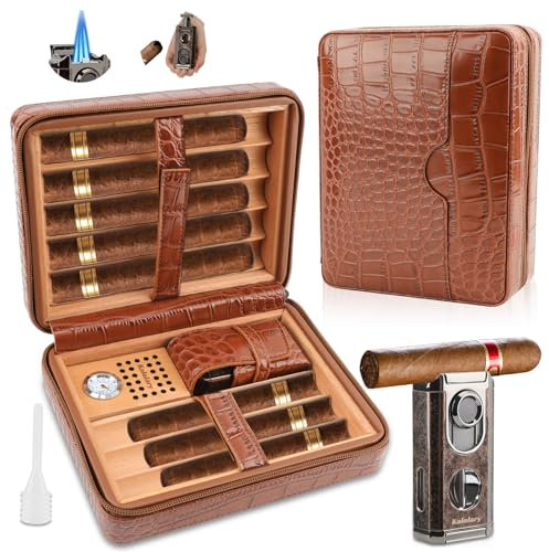 Kalolary Cigar Humidor, Portable Cigar Case with Humidifier, Cigar Lighter and Cigar Cutter Hold 8 Cigars, Cedar Wood Leather Cigar Travel Case, Men's Cigar Accessories Gift Set (Brown)