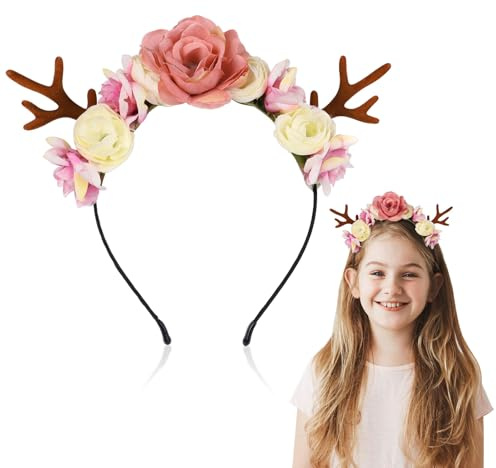 COLOFALLA Reh Haarreif Damen Hirsch Haarreif mit Blumen Rentier Haarreifen Karneval Kostüm Damen Accessoires Geweih Haarreifen für Karneval Fasching Mottoparty