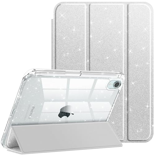 Fintie Glittering Case for iPad mini 7th Generation (A17 Pro) / mini 6 8.3 | Sparkly Cover with Shiny Clear Back Shell, Tri-Fold Stand, Viewing & Typing Angles, Pencil Holder, Auto Sleep/Wake, Silver