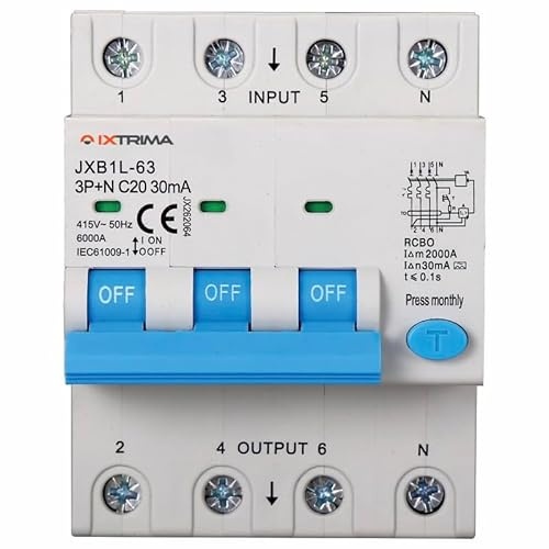 IXTRIMA Interruptor magnetotérmico diferencial 3P + N 20A 30mA 380V-6KA Clase A 30mA para carril DIN - 4 módulos DIN - Protección circuitos y seguridad instalaciones