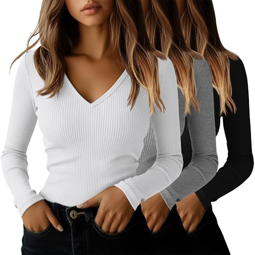 Ficerd Lot 3 Chemises Côtelées Femme | Tops En Coton Col V Pour Sorties, Tenues Décontractées De Bureau, Sous-pulls Basiques AjustéS Pour Sous Les Uniformes