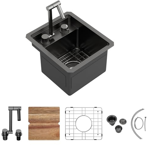 13x15 Outdoor Kitchen Sink Black Concealed Undermount RV Sink Gunmetal Black NANO PVD Stainless Steel Handmade Ledge Workstation Single Bowl Outdoor Sinks with Concealed Folding Faucet,13x15x9