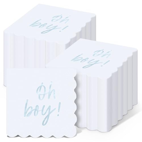 Fuyoooo 100 Pcs Baby Shower Napkins Paper Luncheon Beverage Napkins for Baby Shower Foil Guest Serviette 5 x 5 Inch for Boy Girl Welcome Party Dinner Cocktail Decorations (Blue Scalloped)