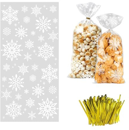 100 Stück Plätzchentüten Weihnachten, Schneeflocke Süßigkeiten Tüten,Kekstüten Transparent, Kekstüten Weihnachten zur Aufbewahrung von Süßigkeiten, Keksen Schokolade Keksen Nuss