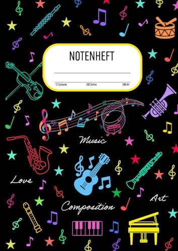 Musik Notenheft Blanko - DIN A4 - 100 Seiten - 12 Systeme: A4 Notenlinienheft mit 12 großen Notensystemen pro Seite - für den Musikunterricht von Anfängern und Fortgeschrittenen in der Schule
