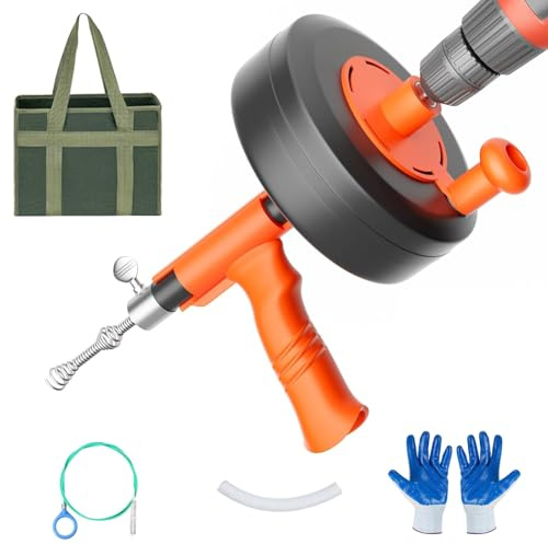 Drain Snake 10M with Drill Adapter, Flexible Drain Snake Unblocker Drain Rods, Use Manually or Powered for Kitchen, Bathroom and Shower Sink, Comes with Gloves (Orange)