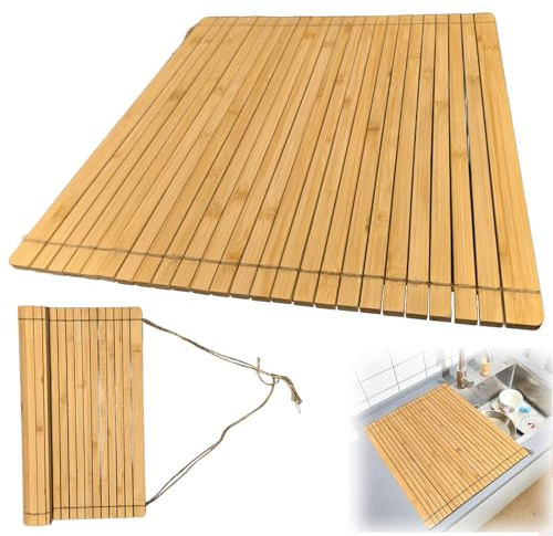 Genérico Escurreplatos sobre Fregadero, Escurridor de Platos Plegable Multifuncional de Bambú, Escurridor de Platos para Fregadero de Cocina Enrollable para Secar Vajilla, Vasos, Bayetas