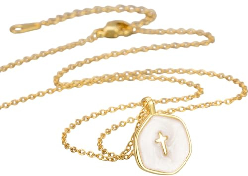 Aribliseza Damen-Goldkette, 14 Karat vergoldete Kreuzkette mit perlmuttweißer Scheibe, neue modische und exquisite Kette (2026), exquisiter christlicher Anhänger, Glücksbringer, schlichtes