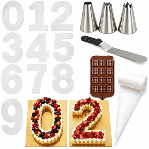Cake Mastery Number Cake | Pochoirs Chiffres 0-9 | 6 à 8 Parts | 25.4 cm | Kit complet pour gâteau chiffre avec gabarits réutilisables, 3 douilles, 25 poches, spatule coudée, moule silicone chocolat.