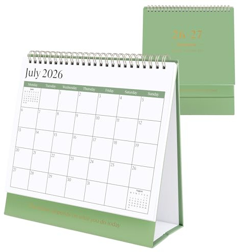 Desk Calendar 2026 2027 UK, 18 Months Jul. 2026 - Dec. 2027, Green | Thick 120GSM Paper, Monthly Flip Stand, 22 x 21 cm, Large Writing Space, Back Memo Planner Board