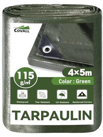 COVALL Green Tarpaulin 4m x 5m,115gsm Waterproof UV Resistant Heavy Duty Tarp