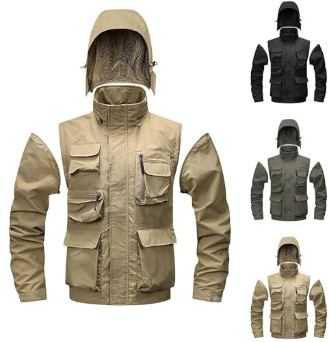 Men's tactical hooded jacket, multi-pocket waterproof outdoor hiking jacket, windproof military-style field coat, lightweight breathable zip-up jacket, autumn winter outdoor sports jacket