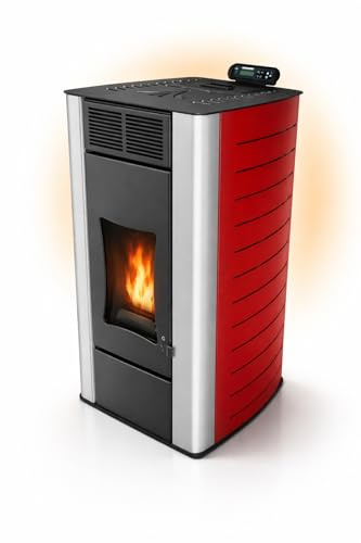 UMBRELLA® P18 Wasserführender Hydro-Pelletofen 18 kW bis 300 m³ – BAFA/förderfähig–Zentralheizung – A+ 40 kg Tank – Wasser 12,5 kW – bis 18 Std. Laufzeit – ECO,Automatik,Wochentimer,Wi-Fi Ready – Rot