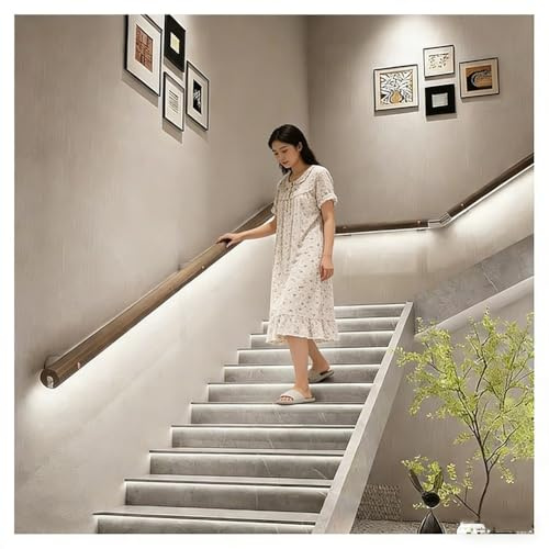 Set di corrimano in legno con illuminazione a LED, Corrimano per scale a parete con sensore(Brown-Left,180cm)