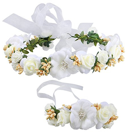YSXY Frauen Mädchen Blumenkranz Blumenstirnband Blumenkrone Haarkranz Garland Halo mit Floral-Handgelenk-Band für Braut Fotografie Hochzeit, M, Beige