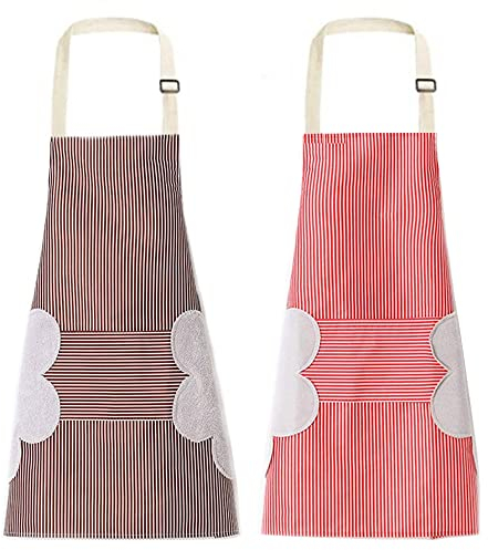 AISHOW 2 Piezas Delantal Cocina Mujer Hombre Ajustable Adulto Delantal Impermeable Antimanchas con Bolsillos Grandes y Borrable Manos Iimpieza