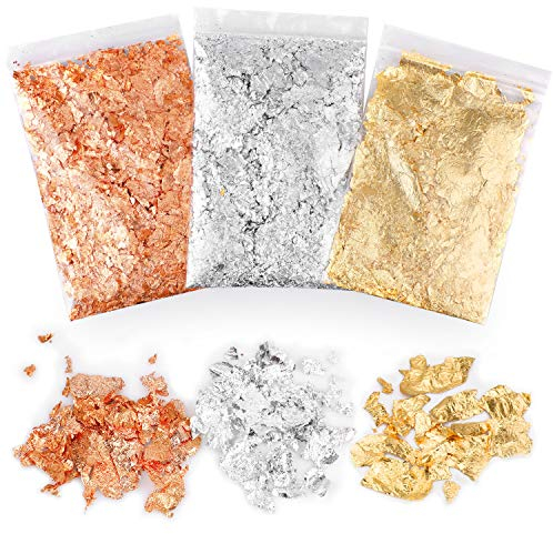 3 Packs Imitation Gold Flocken, 15g Blattmetall Gold Blattgold Flakes Gold Blatt und Silber Blatt für Kunst, Vergoldung Handwerk, Harzkunst Kunsthandwerk Nagelkunst Möbel Dekoration, mit 2 Pinzetten