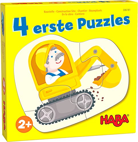 HABA 4 erste Puzzles – Baustelle – Set mit 4 Puzzles ab 2 Jahren, mit Bagger, Laster & Kran-Motiven - 1306181001