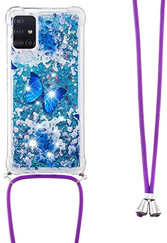 Handykette Handyhülle für Samsung Galaxy A51 5G Hülle,Glitzer Quicksand kreatives Fließende Flüssigkeit schwimmt Silikon Case mit Umhängeband Handykordel Band Kette für Galaxy A51 5G,YB GS Die