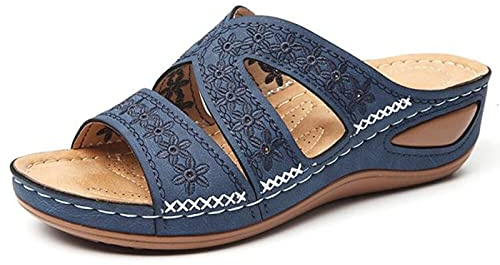 Syfinee damsandaler, kilklack öppen tå sandaler, ortopediska bågstödsandaler sommar tjocka plattformssandaler kvinnor broderade sandaler