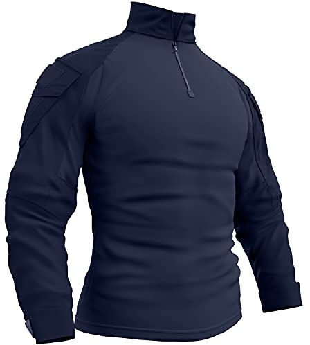 Memoryee Homme Tactique Militaire Chemise Manches Longues de Combat avec 1/4 Fermeture Glissière et Poches/Navy/L