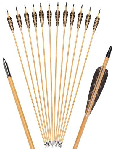ELONG OUTDOOR 30 Inch Wooden Feather Arrows 4 Inch Turkey Feathers Fletching Field Points Target Practice Arrow for Longbow Recurve Bow Traditional Horsebow