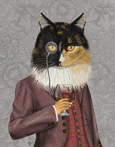 ART-CANVAS-stretched-on-WOODEN -BARS Tortoiseshell Cat and Brandy Glass Fab Funky - Whimsical vertical image steampunk silly funky fabulous Fine art print 26_X_20_in