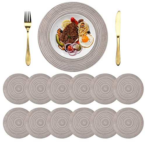 NAKIHOUSE Tischsets Abwaschbar Rund Geflochten Beige Tischset 12er Set | 38cm Rund Platzsets Abwischbar, Rutschfest, Hitzebeständig Schmutzabweisend Platzdeckchen für Hochzeit, Restaurant, Küche