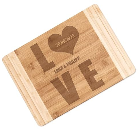 Maverton Bambus Holzbrett mit Gravur - Schneidebrett - Küchenbrett - Größe: 35x25 cm - groß und massiv - für Paare - zum Hochzeitstag - zur Hochzeit - zu Weihnachten - Love