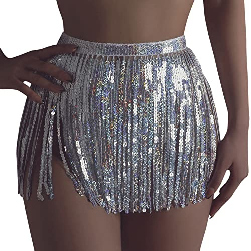 Rave Rock Bauchtanz Hüfttuch Kostüm Latin Dance Röcke Pailletten Quaste Fransen Hüfttuch Outfits Rock Gürtel Festival Kleidung Hüftschal Rave Outfit für Damen (Silber, S)