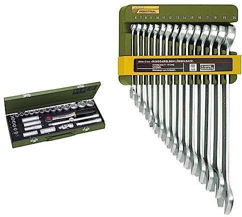 PROXXON Steckschlüsselsatz, Für die kraftvolle Mechanik mit 1/2-Umschaltratsche, 29-teiliges Werkzeug-Set mit Stahlkasten, 23000 & 23821 Slim Line Ring-Maulschlüsselsatz, 15-teilig, 6-21 mm