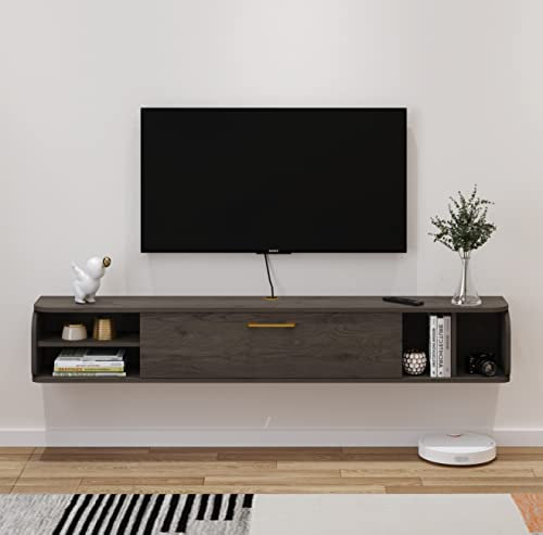 Pmnianhua Floating TV Unit, 67'' Wall Mounted TV Cabinet, Floating Shelves with 4 Cabinets, Wooden Entertainment Media Console Center Large Storage TV Bench for Living Room & Office (170cm, Dark Grey)