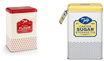 Tala Originals Plain Flour Storage Tin & Originals Caster Sugar Storage Tin, Metal, Yellow and Cream Nostalgic Design, Holds a Full Bag
