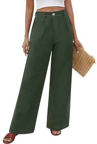 PASUDA Pantalon Femme Été Fluide Pantalons Taille Haute Elastique avec Bouton Pantacourt avec Poches Léger Ample Longueur Droit Pants Chic Décontractée Travail (Vert, M)