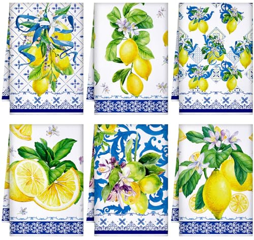 Geyoga 6-teiliges Küchenhandtuch-Set mit blauen und weißen Zitronen, saugfähige Geschirrtücher für Weihnachten, Winter, Küche, Badezimmer, Heimdekoration, 40,6 x 61 cm (blau, weiß)