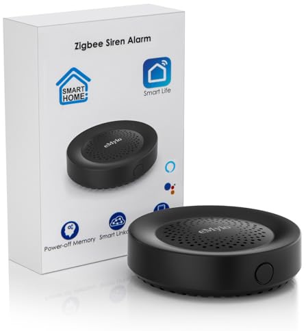 eMylo Zigbee Alarm Sirene Schwarz, Tuya Smart Life APP Steuerung, Ton- und Lichtalarm mit Push-Benachrichtigung, Zigbee Hub erforderlich, für Wohneinheiten Krankenhäuser Pflegeheime